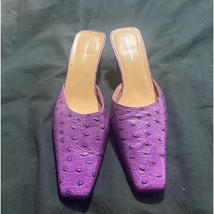 Ostrich embossed leather kitten heel mules